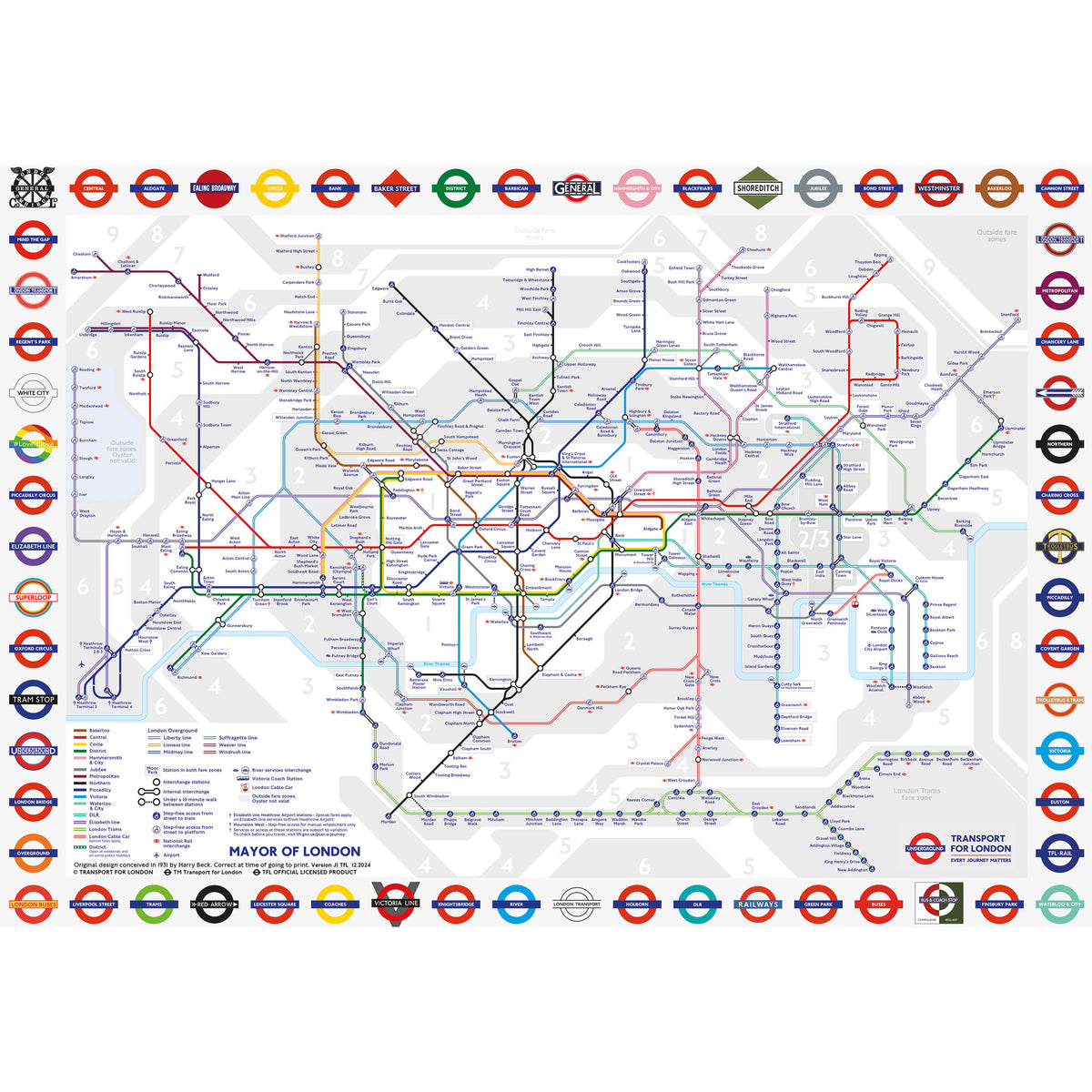 A London Underground transit map poster featuring multicoloured route lines on a light grey map background, bordered with round station logos and transit authority emblems.