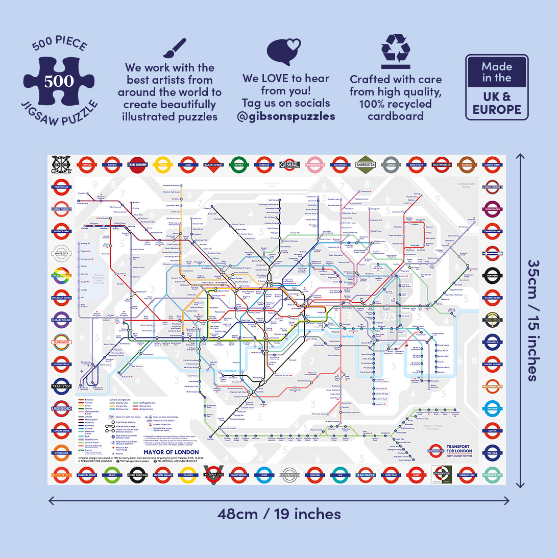 Gibsons 500-piece jigsaw puzzle packaging with London tube map design on a blue background