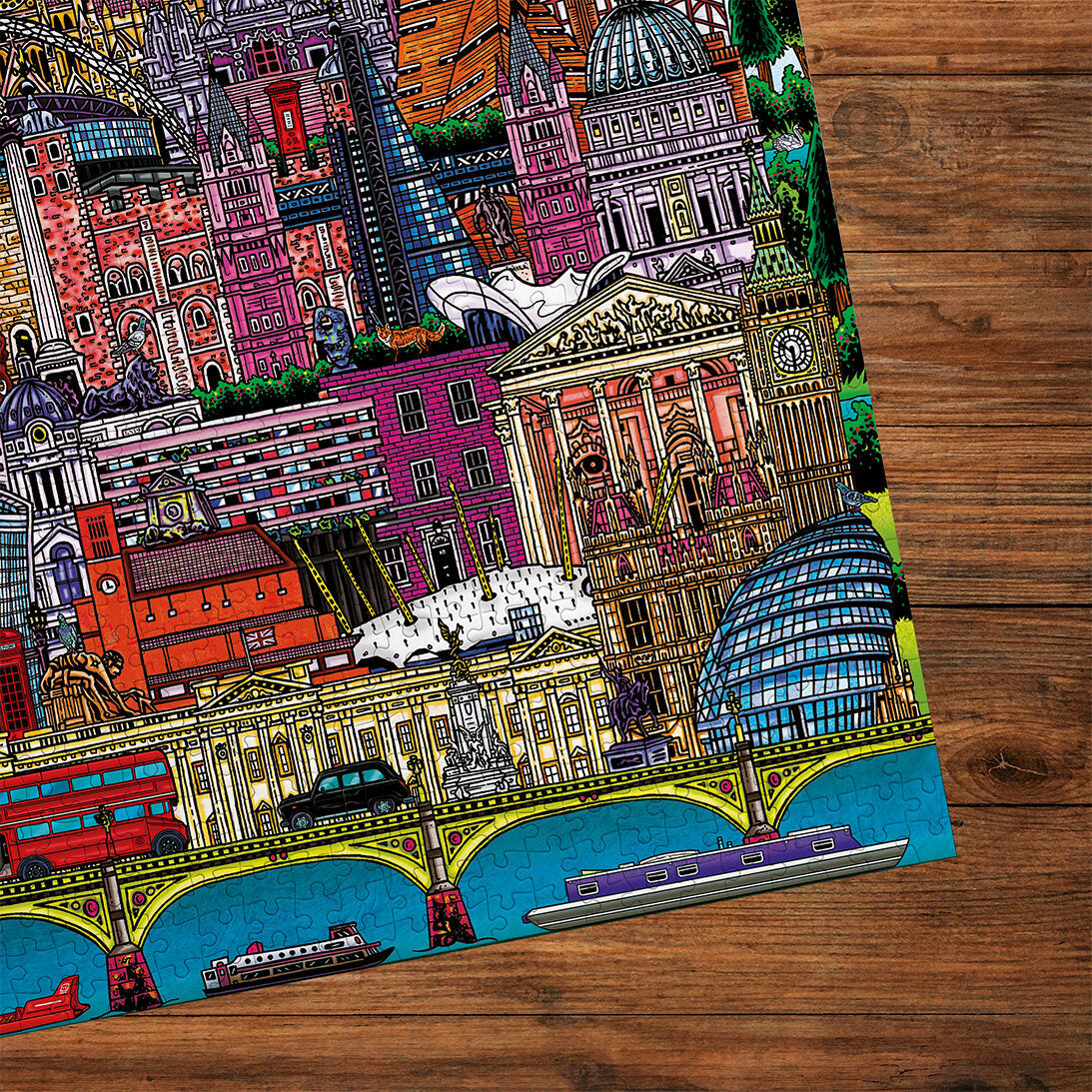 London Cityscape 500 Piece Jigsaw Puzzle by Gibsons detail made up on wooden table