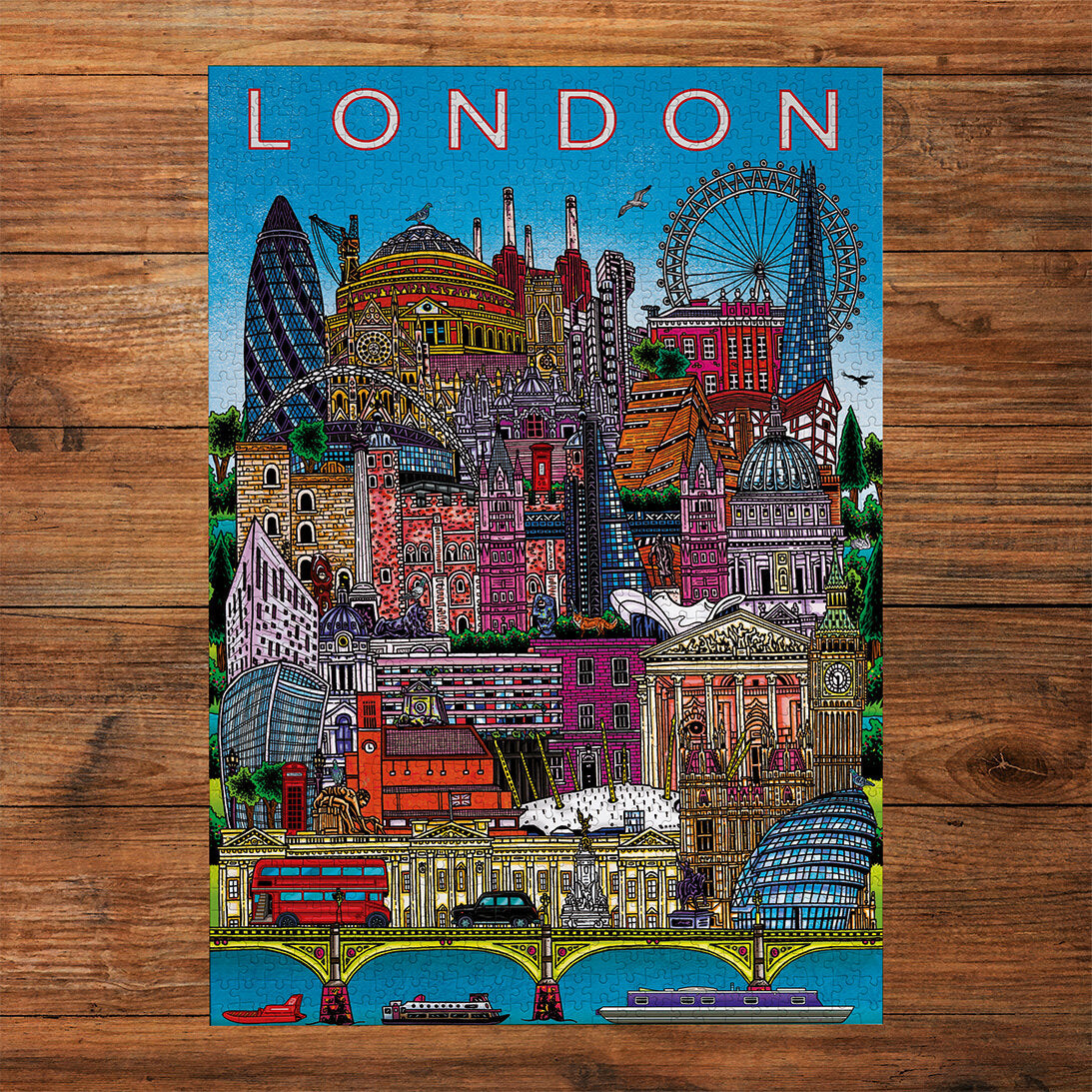 London Cityscape 500 Piece Jigsaw Puzzle by Gibsons made up on wooden table