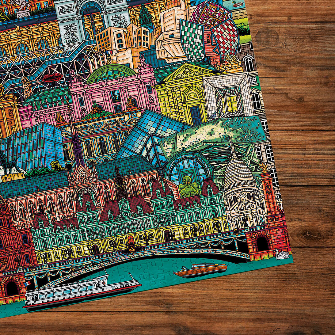 Gibsons Paris Cityscape 500 Piece Jigsaw Puzzle for Adults made up detail on wooden table
