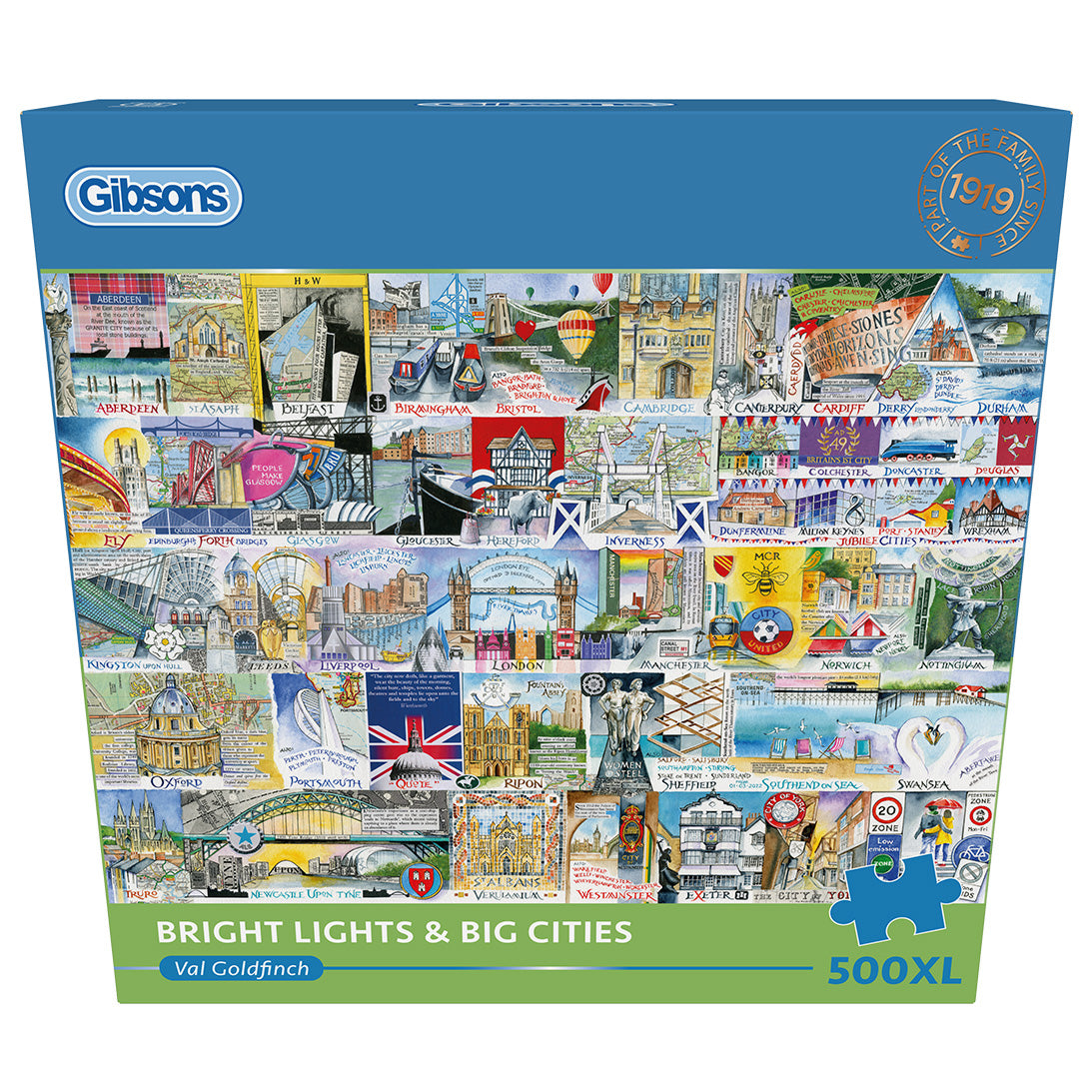 Gibsons Bright Lights & Big Cities Extra Large 500 Piece Jigsaw Puzzle in blue retail box in front view