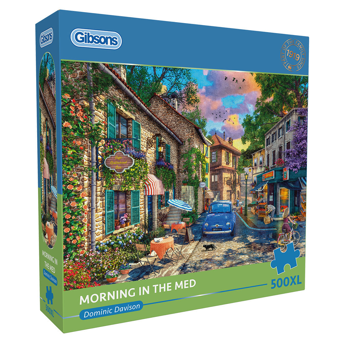 Gibsons Morning in the Med 500 Extra Large Piece Jigsaw Puzzle in blue retail box