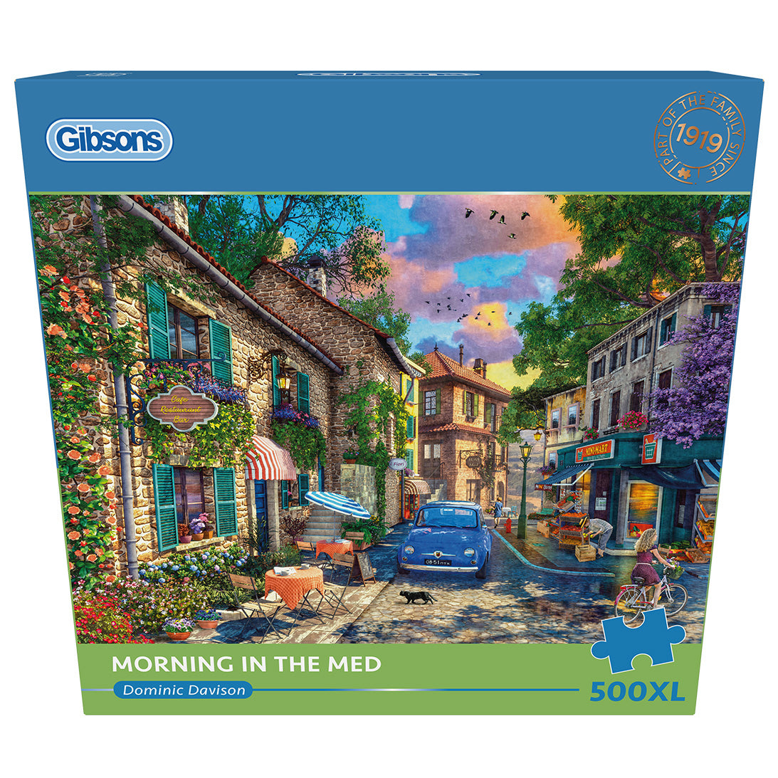 Gibsons Morning in the Med 500 Extra Large Piece Jigsaw Puzzle in blue retail box front view