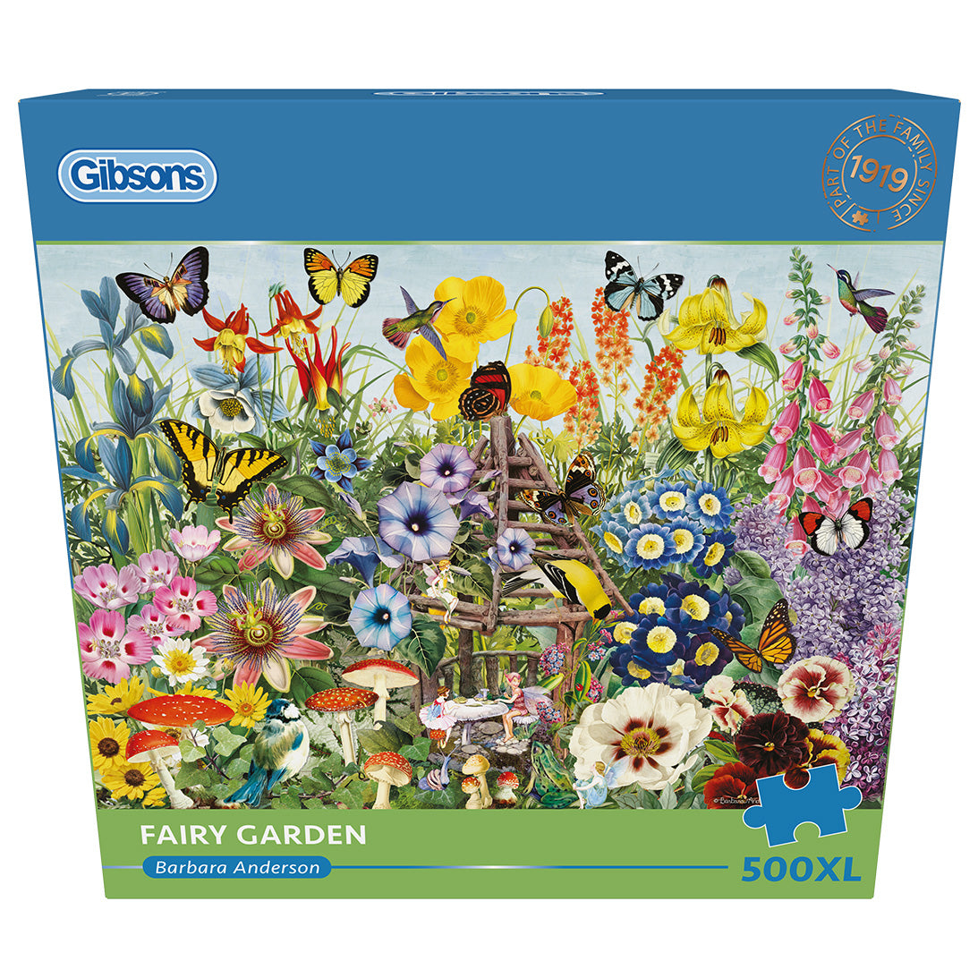 Gibsons Fairy Garden 500 Extra Large Piece jigsaw puzzle in blue retail box front view