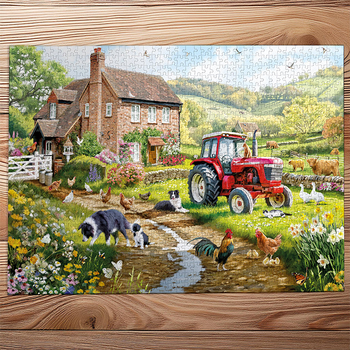 Gibsons Macneil Farm Extra Large 500 XL Piece Jigsaw Puzzle made up on wooden table