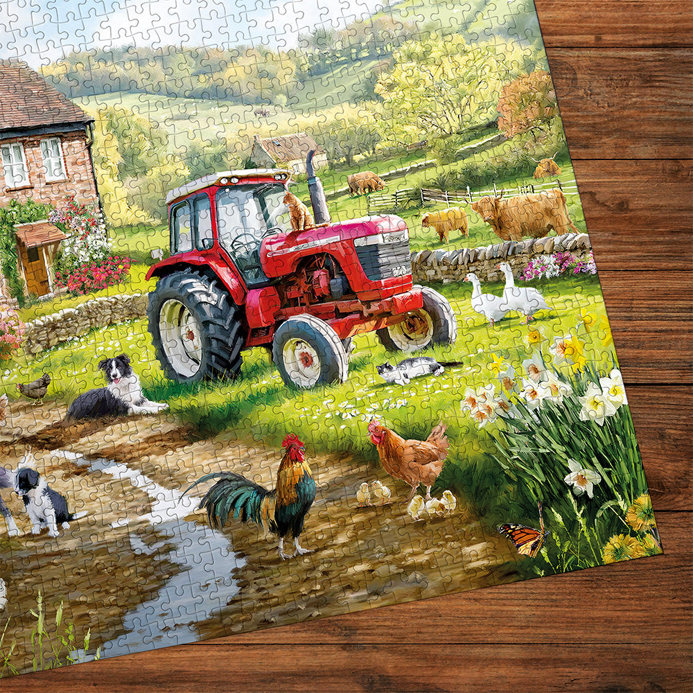 Gibsons Macneil Farm Extra Large 500 XL Piece Jigsaw Puzzle made up detail on wooden table