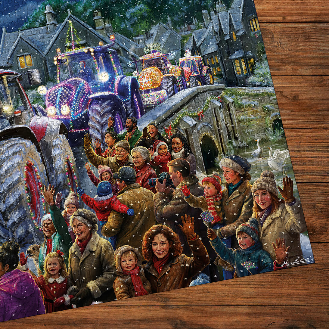 Gibsons Farmer Christmas 500 XL Extra Large Piece Jigsaw Puzzle made up detail on wooden table