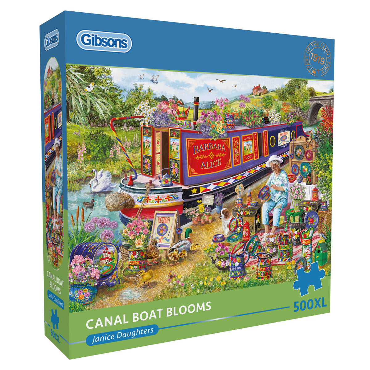 Gibsons Canal Boat Blooms puzzle box with colorful illustration of a canal boat and garden scene.