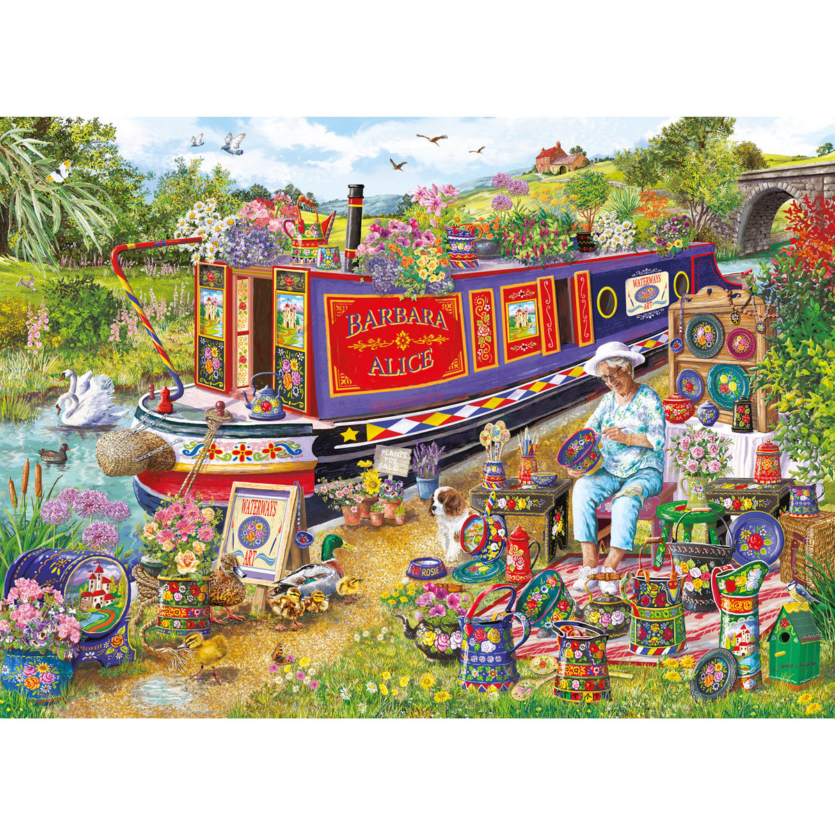 Colourful puzzle with a garden scene and a woman sitting on a bench - Poster