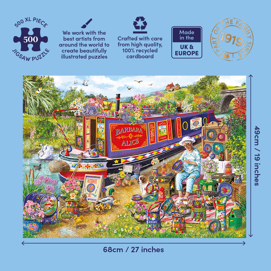 Jigsaw puzzle packaging with a colorful illustration of a narrowboat and garden scene, featuring text about puzzle details.