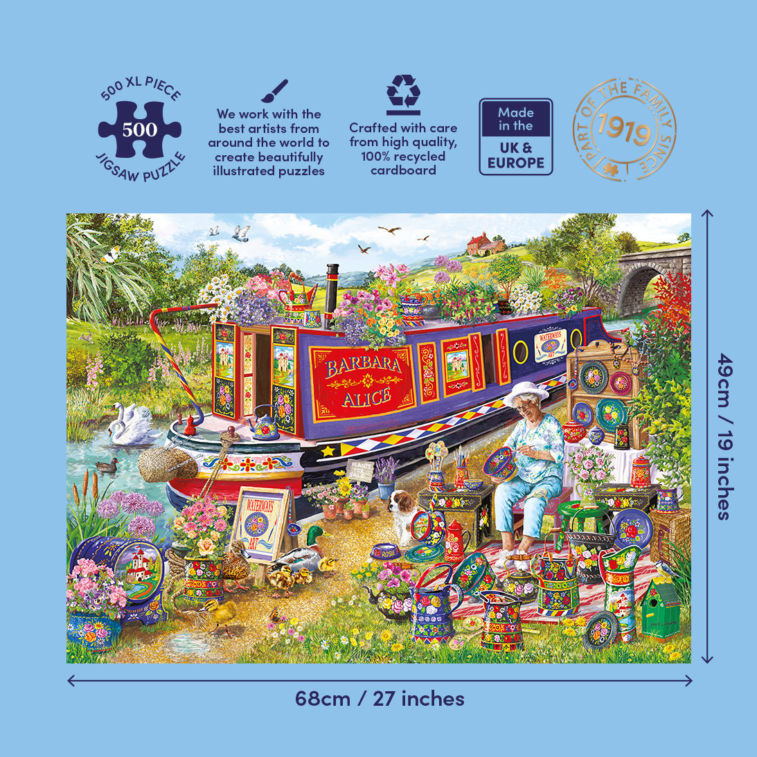Jigsaw puzzle packaging with a colorful illustration of a narrowboat and garden scene, featuring text about puzzle details.