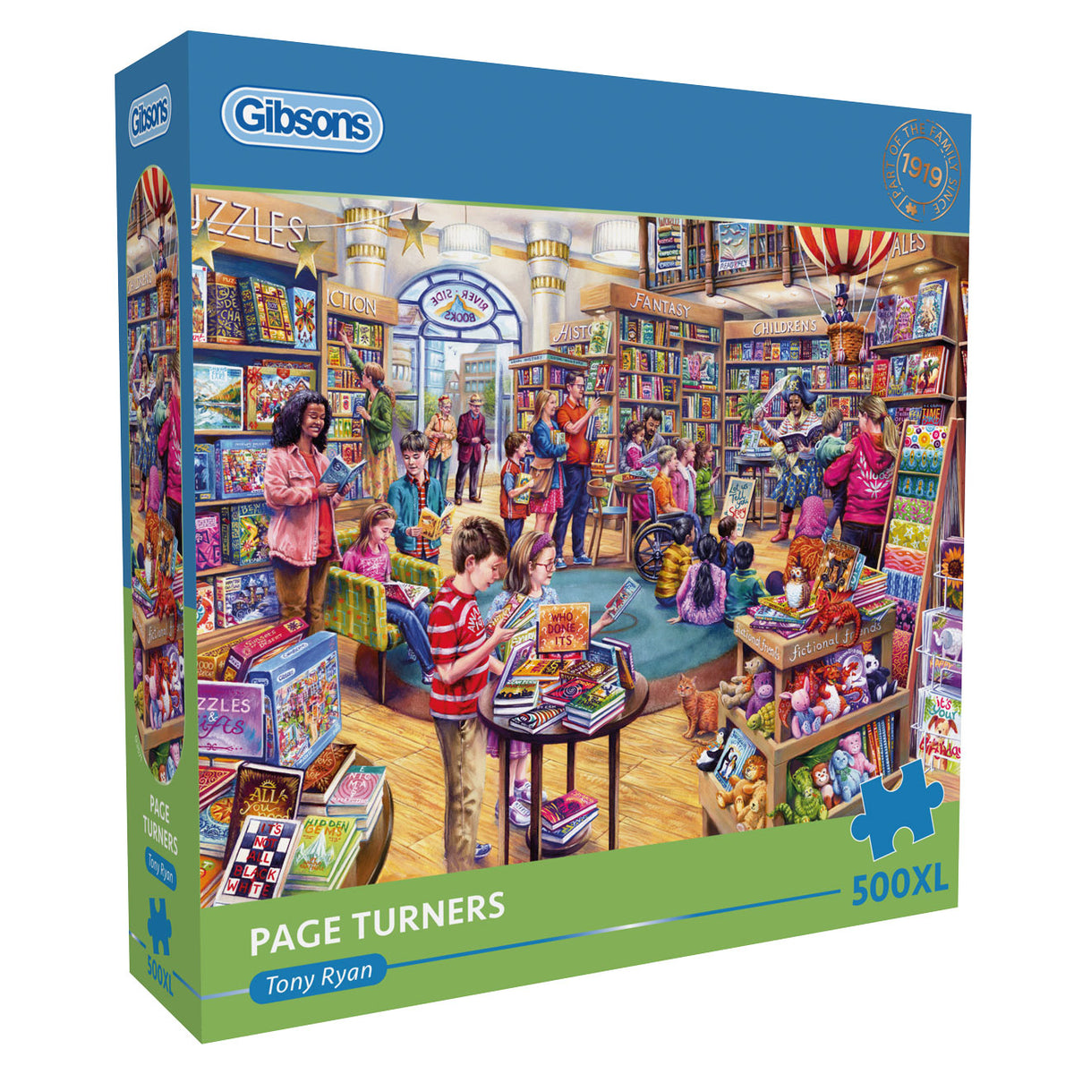 Gibsons puzzle box with a colorful illustration of a bookshop scene on a white background