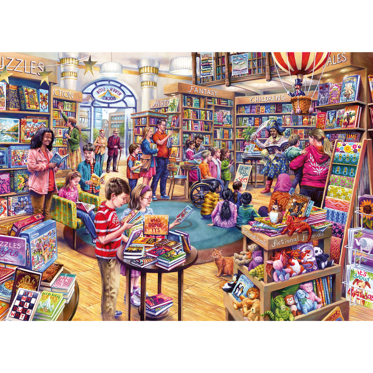 Illustration of a busy toy store with children and adults browsing through books and toys.