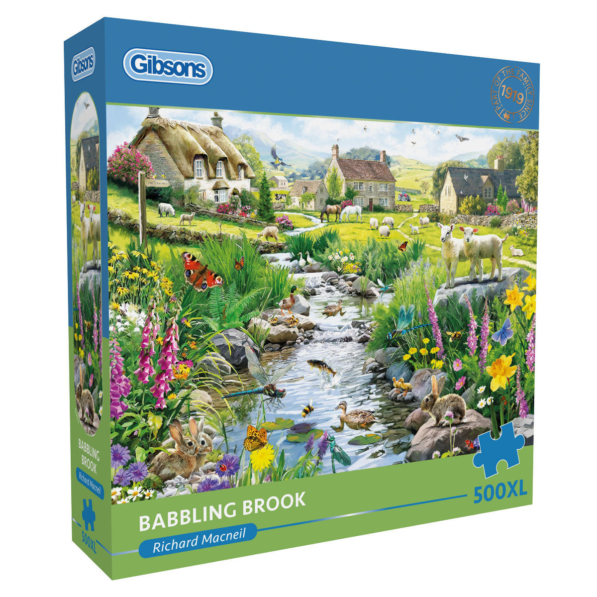 Gibsons 'Babbling Brook' puzzle box with a scenic design of a village by a stream.
