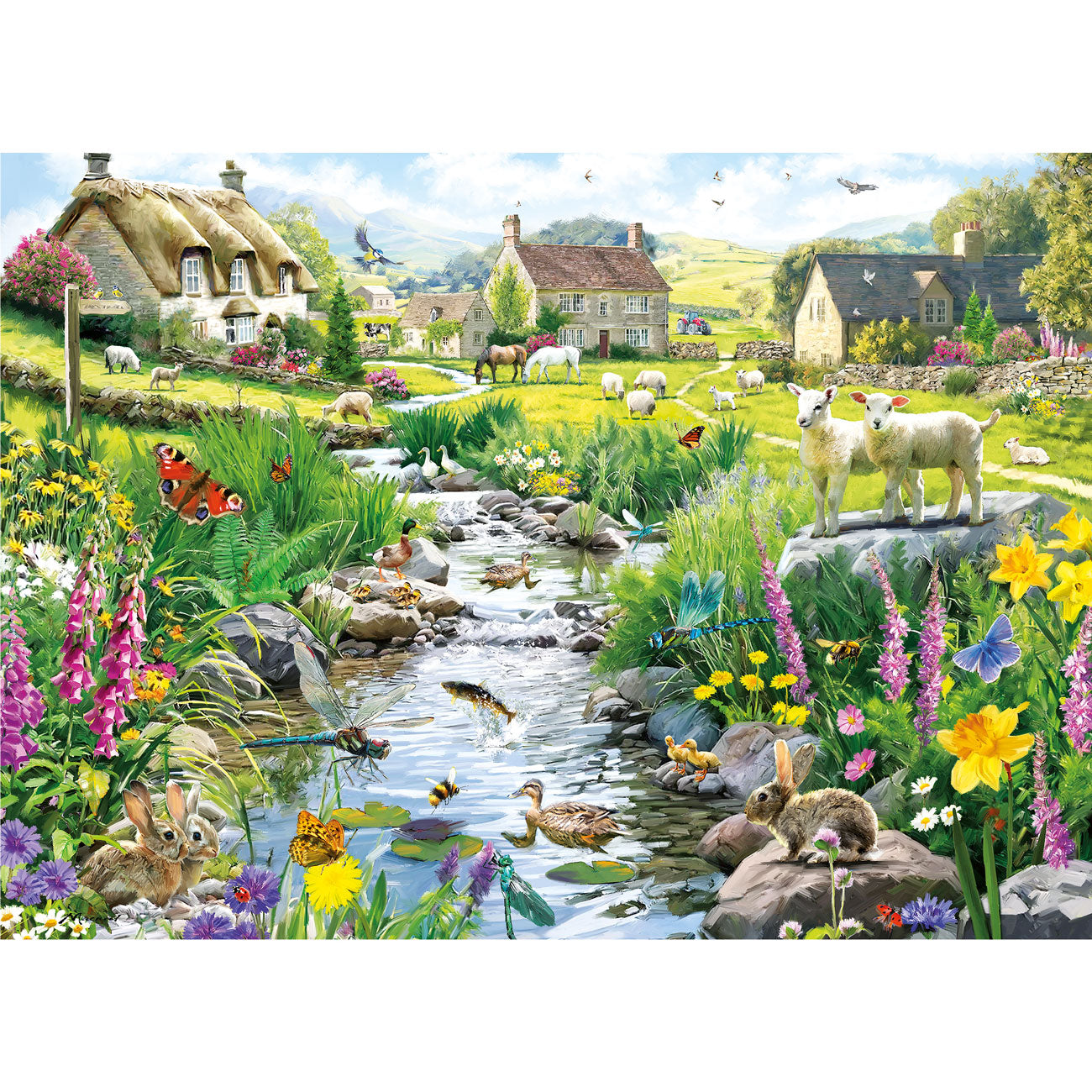 Landscape with a stream, animals, and flowers in a village setting
