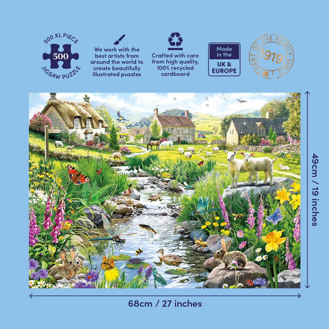 Colorful puzzle with a scenic village scene featuring animals and flowers. 