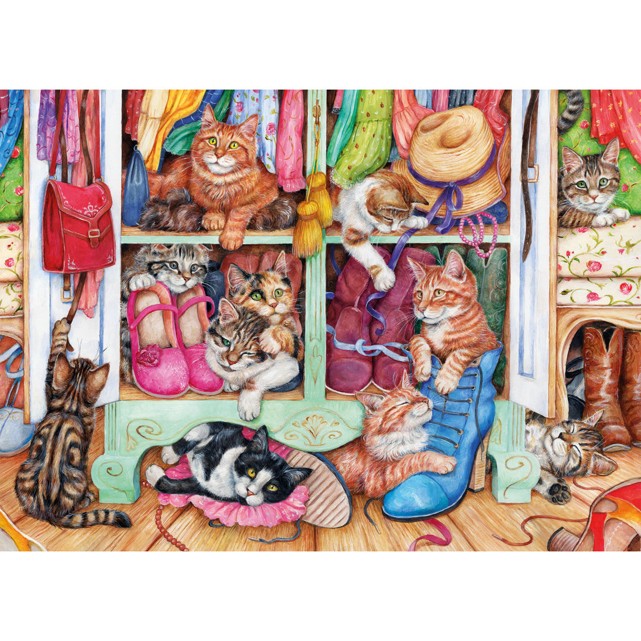 Illustration of cats in a closet with various items