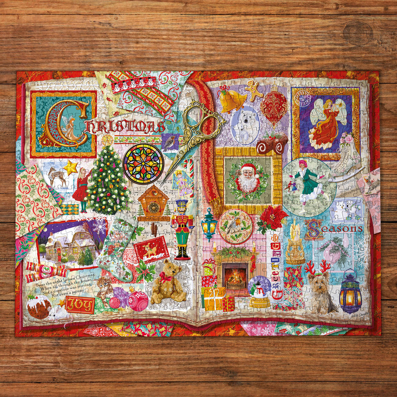 Decorative Christmas-themed jigsaw puzzle made on a wooden surface