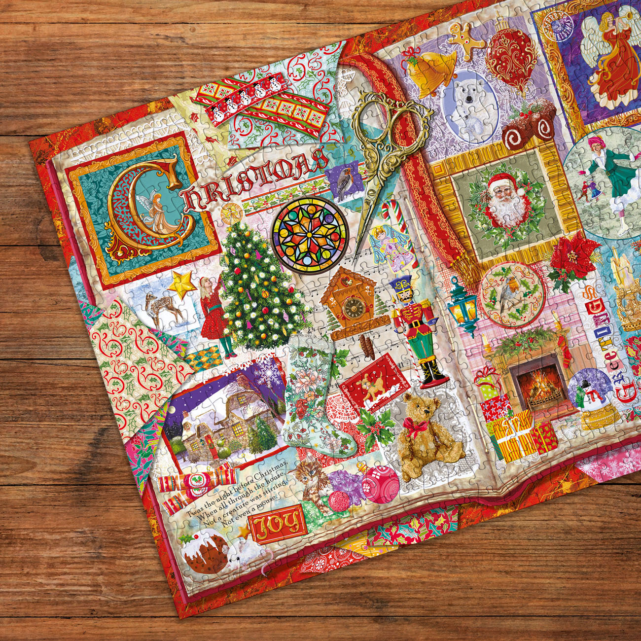Decorative Christmas-themed jigsaw puzzle detail made on a wooden surface