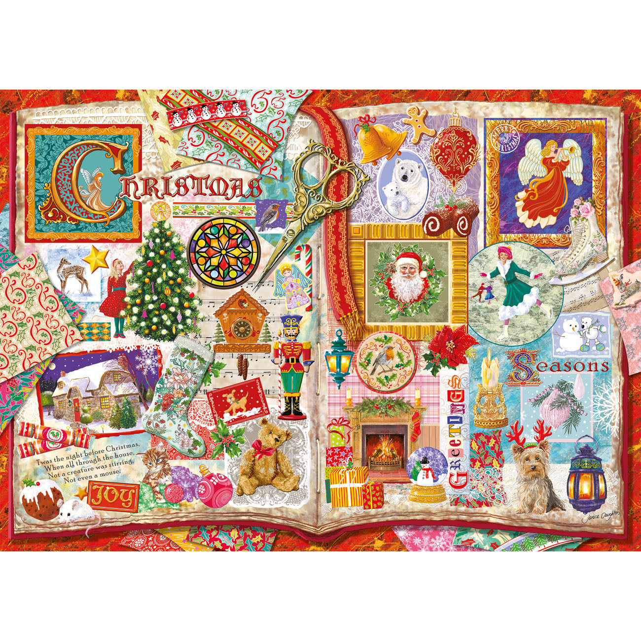 Colorful Christmas-themed jigsaw puzzle with various festive elements.