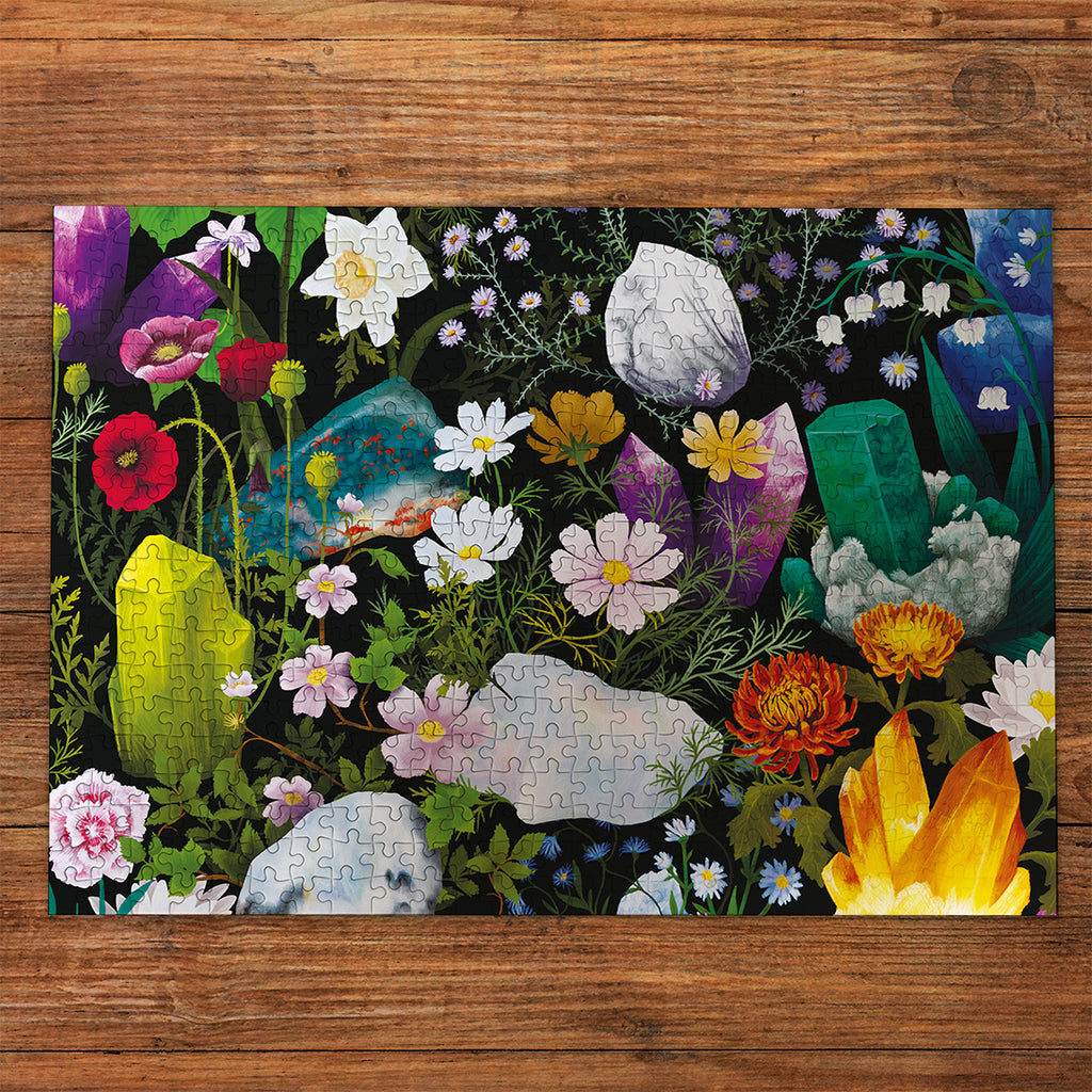 Crystal Healing 500 Piece Jigsaw Puzzle by Gibsons made up on wooden table