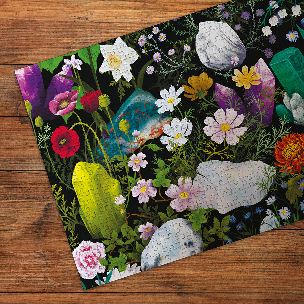 Crystal Healing 500 Piece Jigsaw Puzzle by Gibsons made up cropped on wooden table