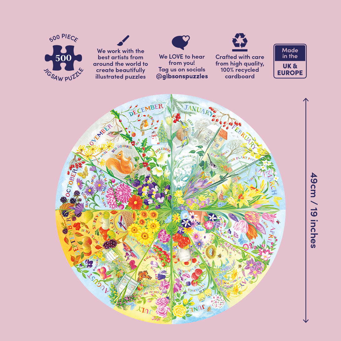 Circular puzzle with seasonal designs on a pink background, featuring Gibson Puzzles branding.