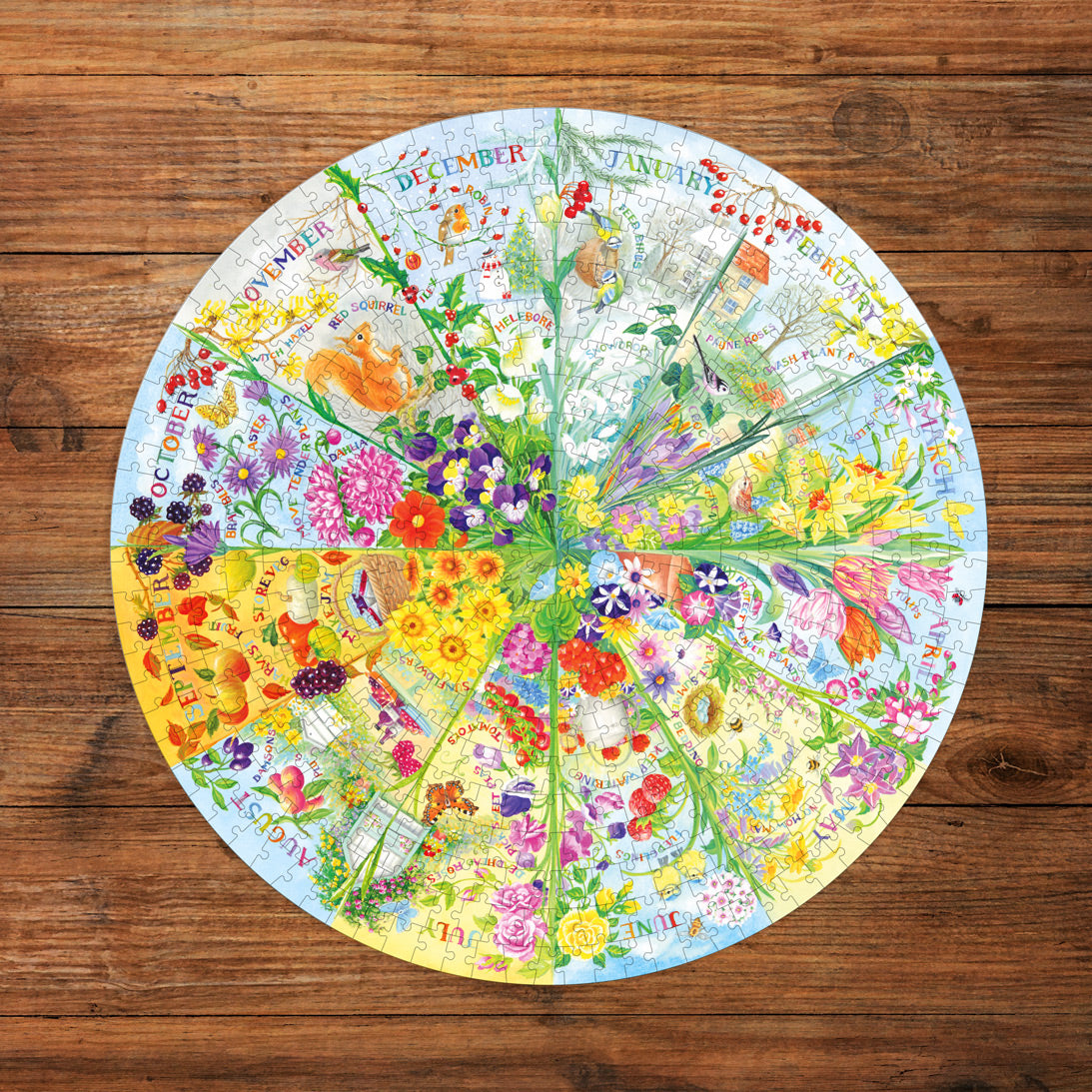 Circular puzzle with floral design on a wooden surface