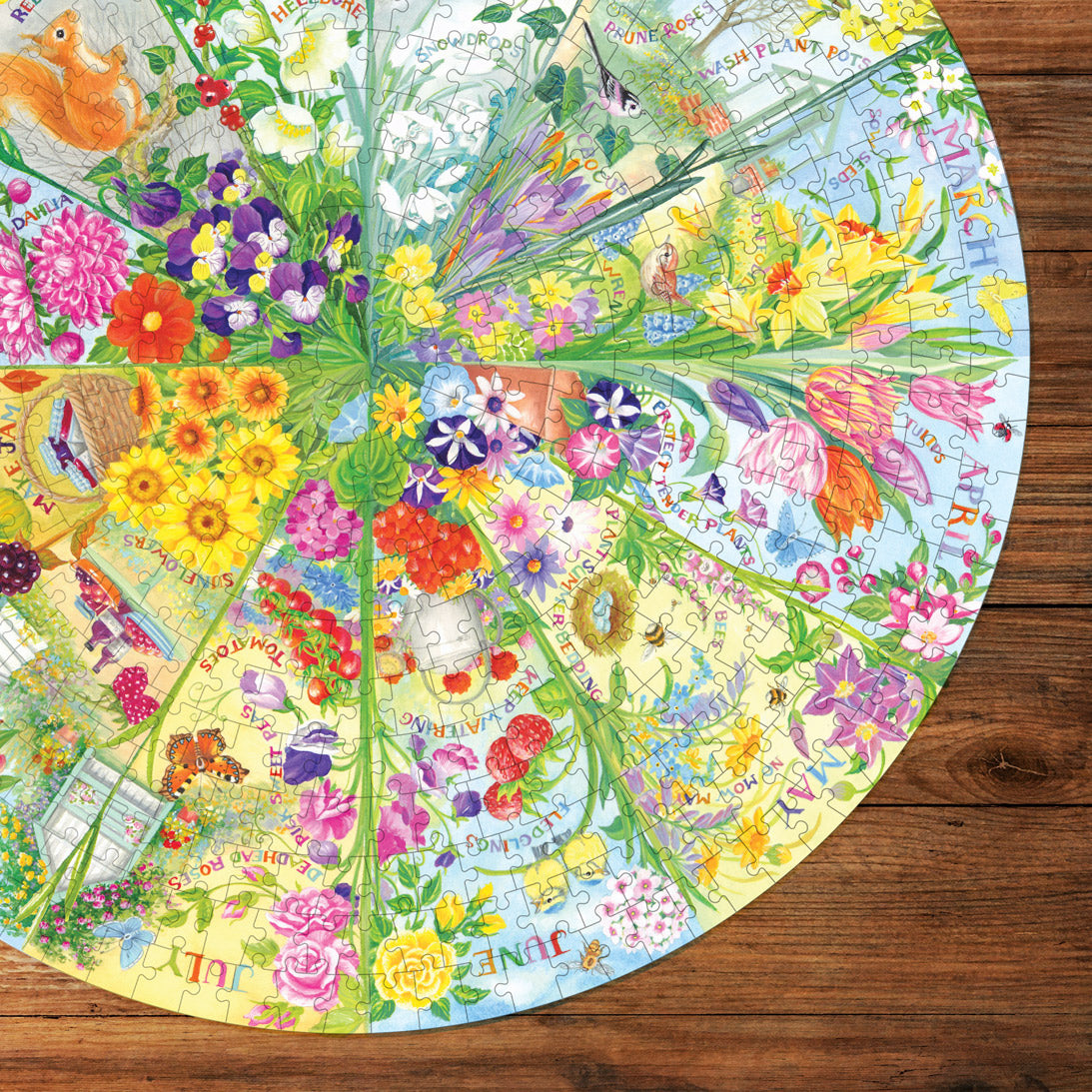 Circular puzzle detail with floral design on a wooden surface