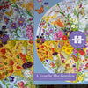 Circular jigsaw puzzle with a garden-themed design on a blue background