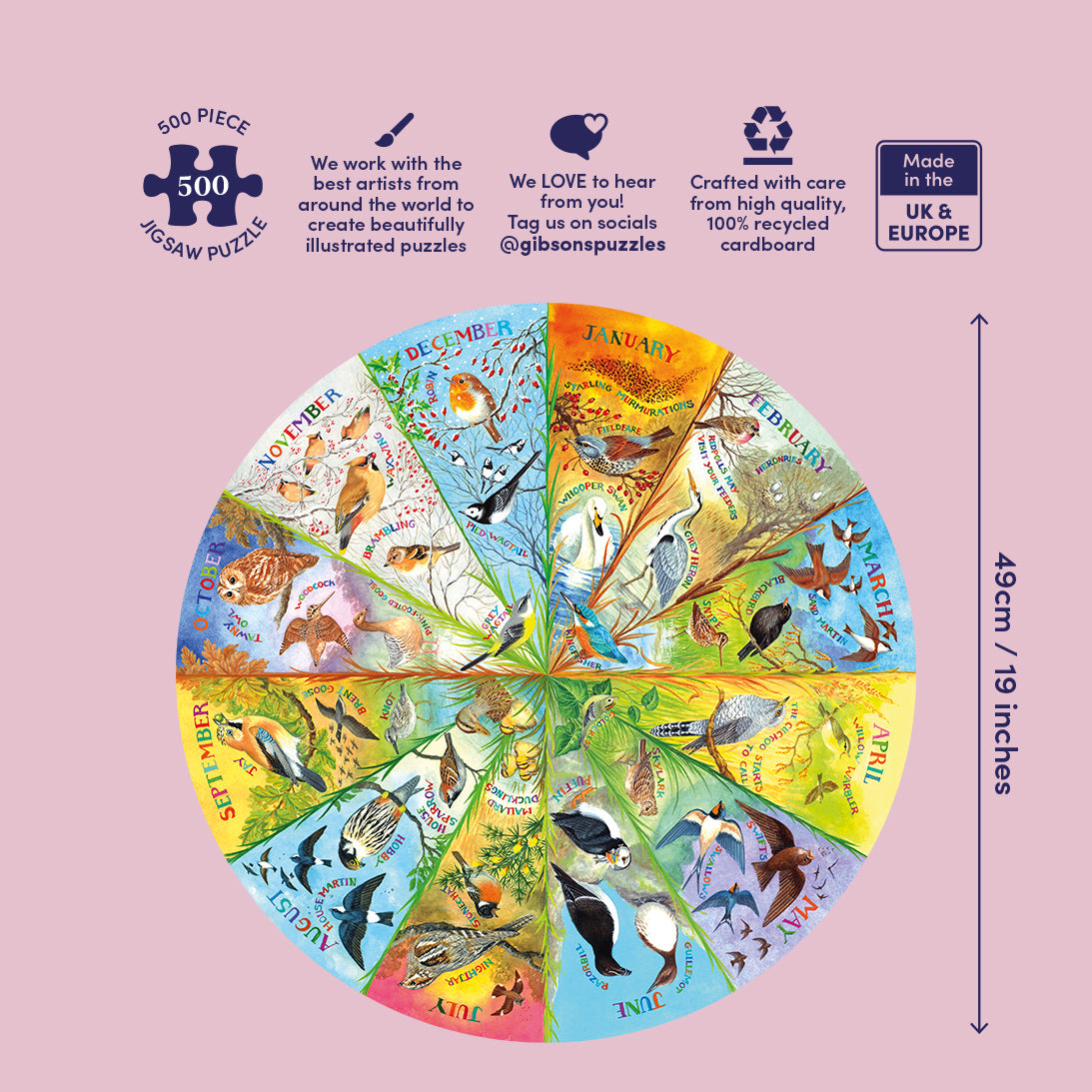 Gibsons 500 piece jigsaw puzzle packaging with colorful illustrations of birds on a pink background.