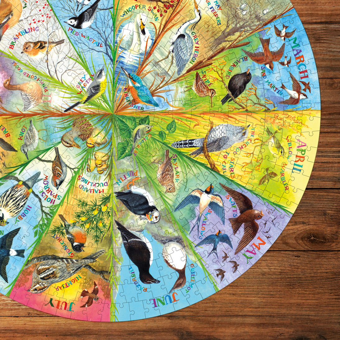 Round puzzle with various animals on a wooden surface