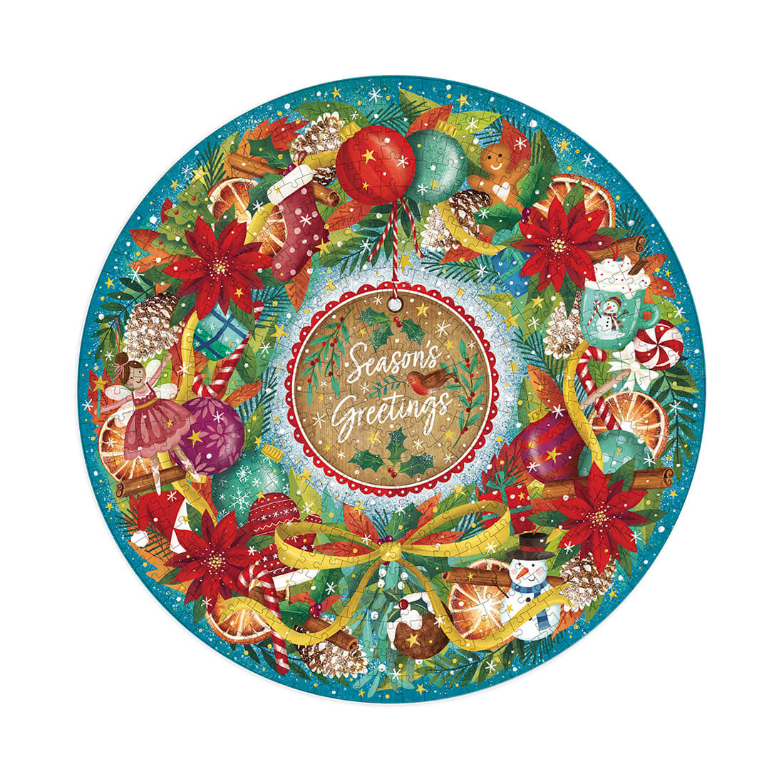 Gibsons Seasons Greetings 500 Circular Christmas Jigsaw Puzzle made up on white background