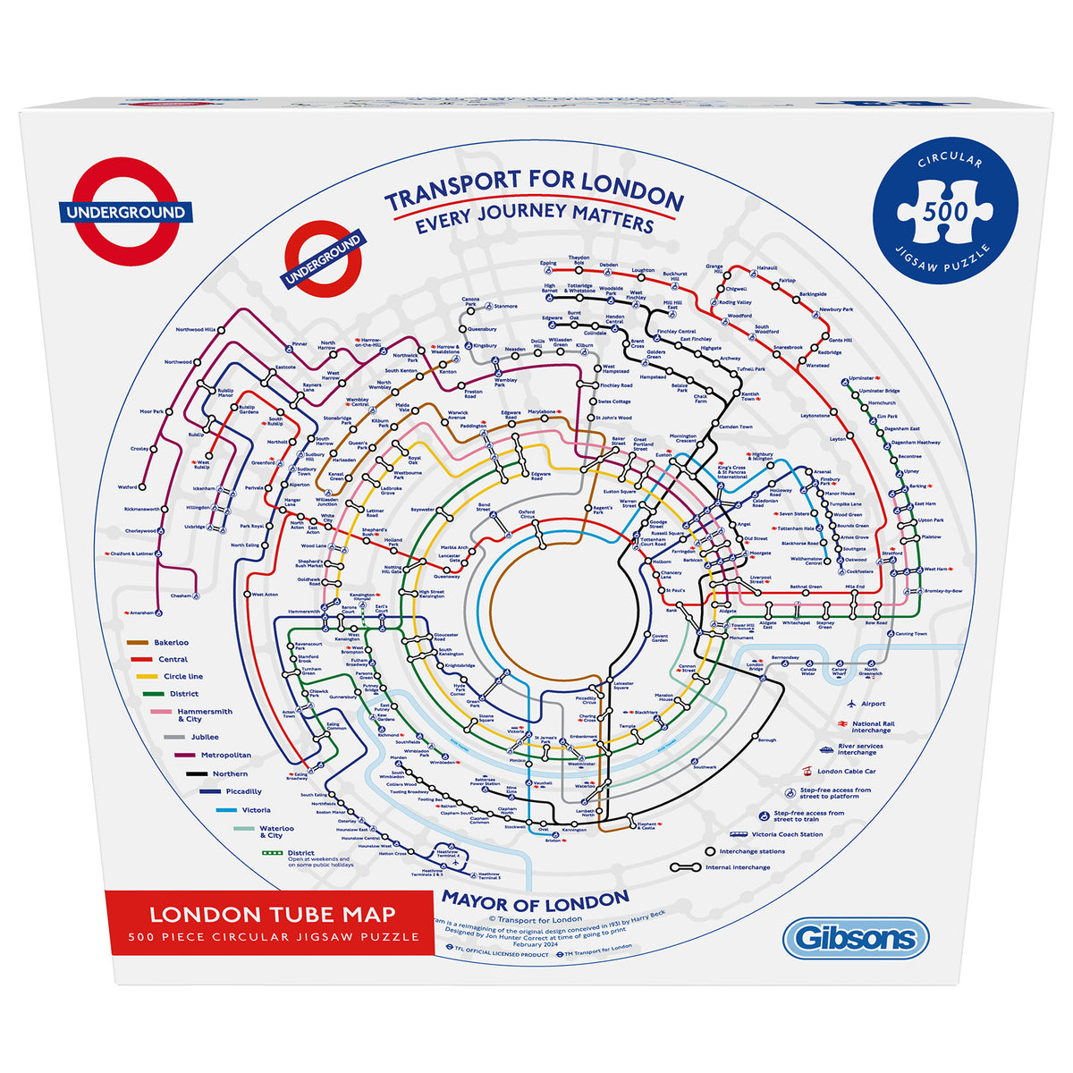 Gibsons TfL Circular Underground Map 500 Circular Piece Fun Jigsaw Puzzle for Adults in special retail white box front view