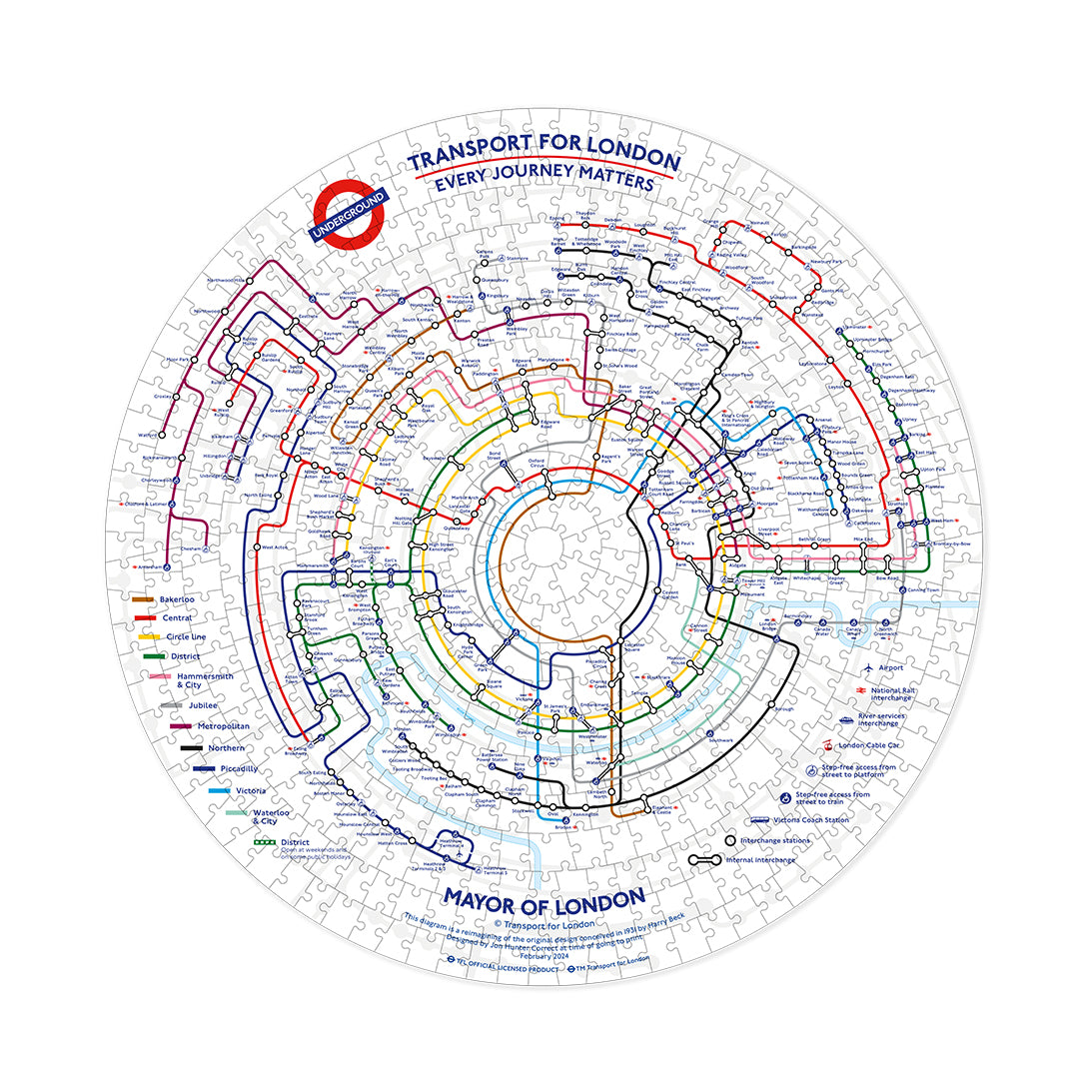 Gibsons TfL Circular Underground Map 500 Circular Piece Fun Jigsaw Puzzle for Adults made up on white background
