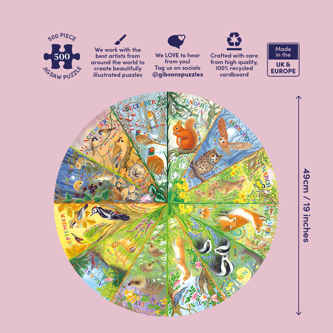 Gibson Puzzles 500 piece puzzle packaging with illustrations of animals on a pink background