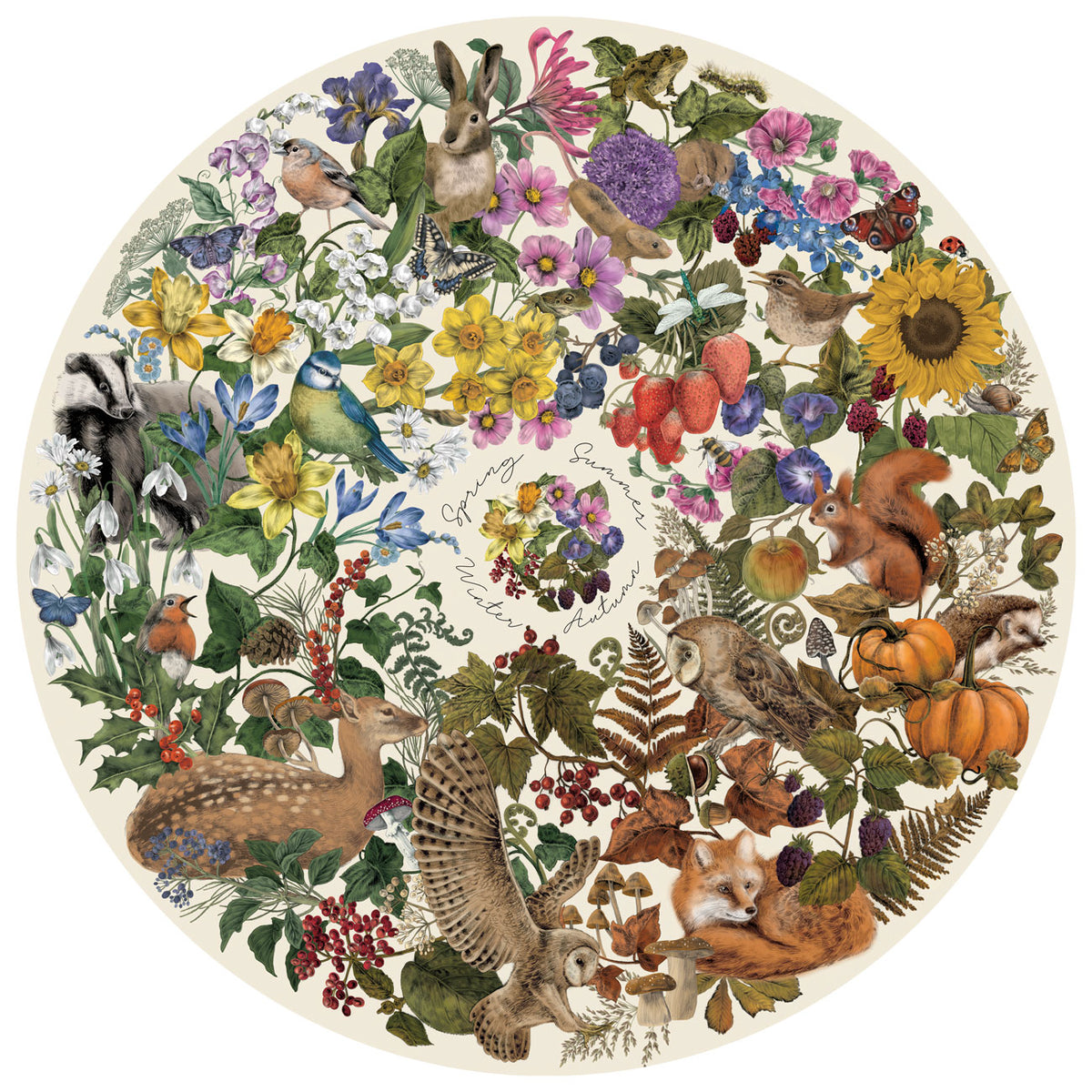 Round illustration of animals and plants on a white background