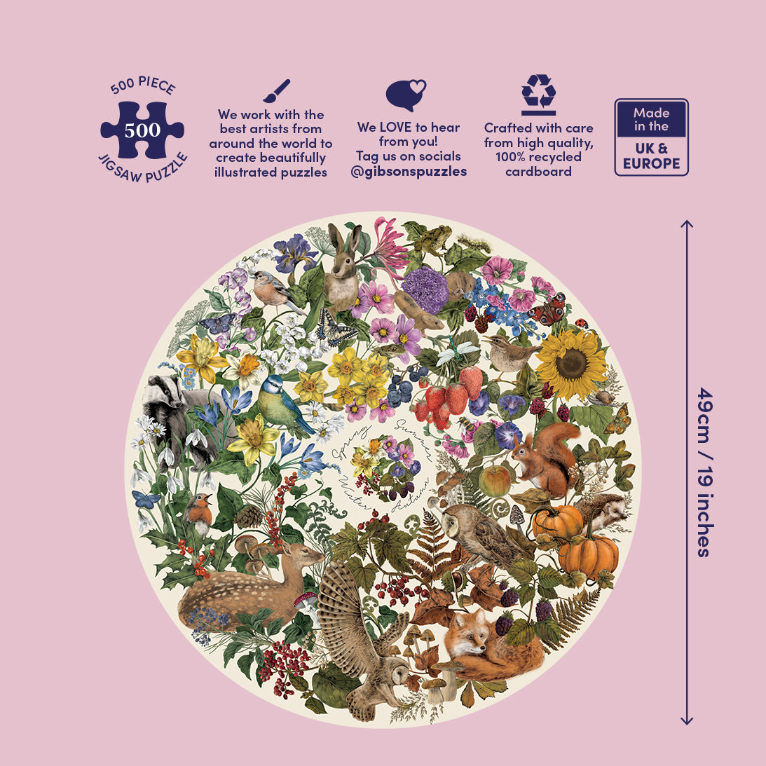 Gibsons 500-piece jigsaw puzzle packaging with illustrations of animals and flowers on a pink background.