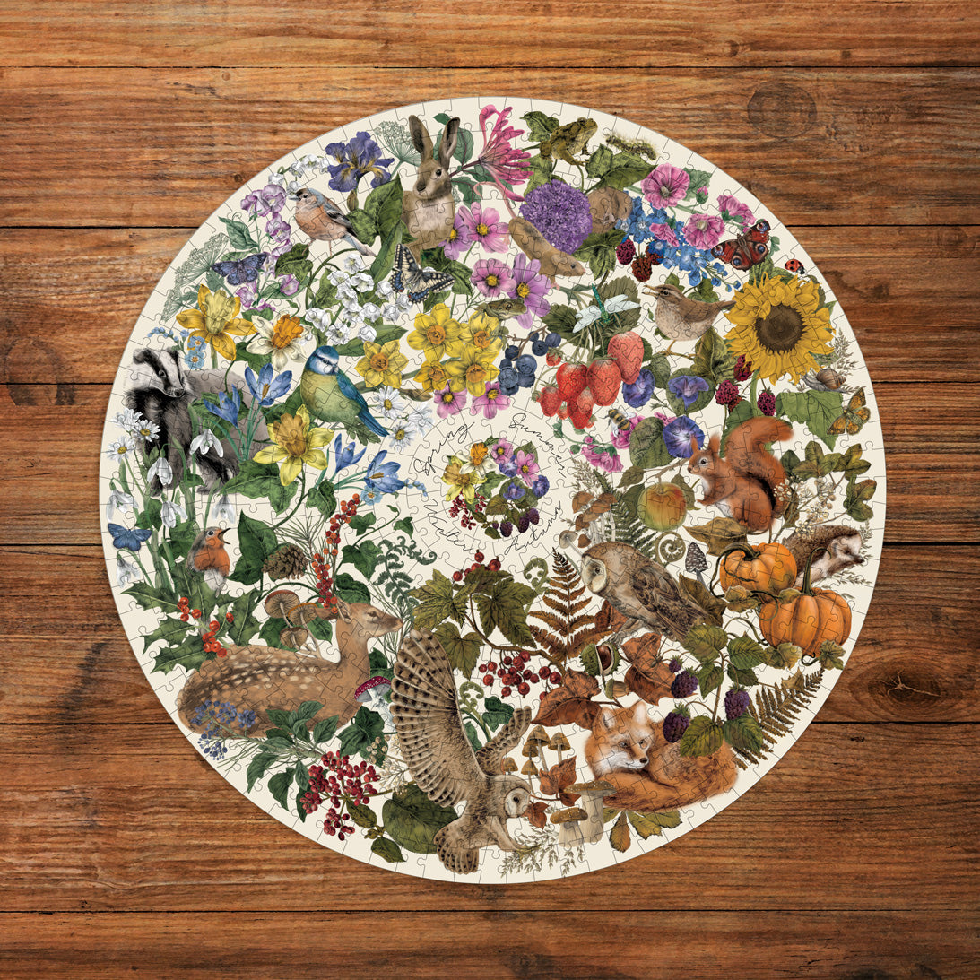 Round jigsaw puzzle illustration of animals and plants on a wood table background