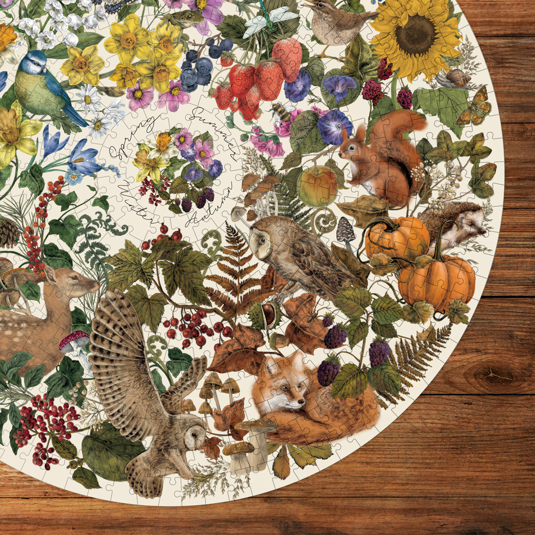 Round jigsaw puzzle detail illustration of animals and plants on a wood table background
