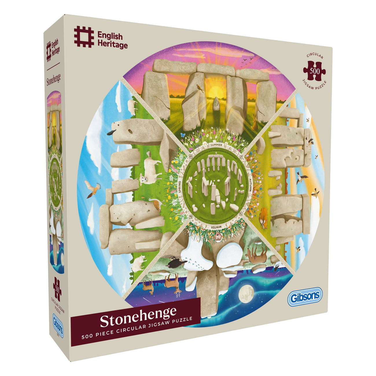 Box of Stonehenge 500 piece circular jigsaw puzzle by Gibsons with English Heritage branding.