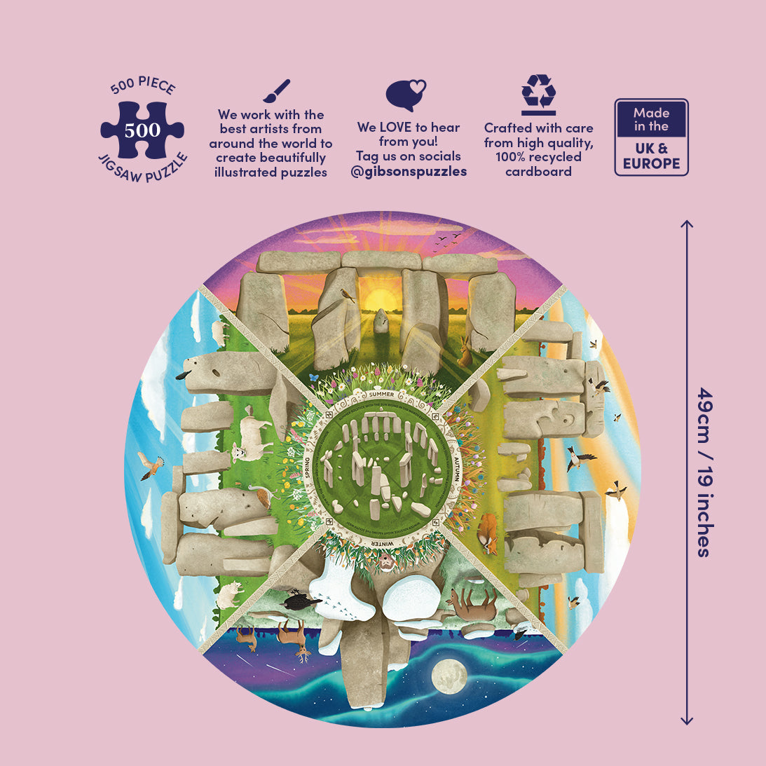 A square product graphic for a 500-piece jigsaw puzzle featuring a circular multicolour illustration of Stonehenge with animals, stars, and planets. The background is light pink, with text highlighting features such as '500 Piece Jigsaw Puzzle,' 'Made in the UK & Europe,' and dimensions '49cm / 19 inches.