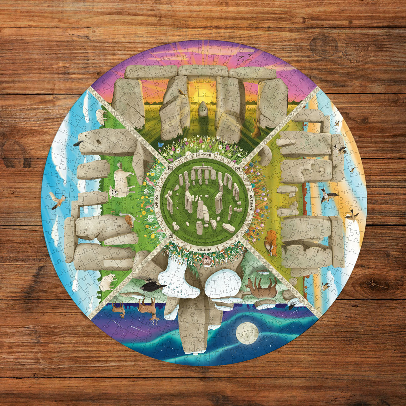 Round puzzle with Stonehenge design on a wooden surface