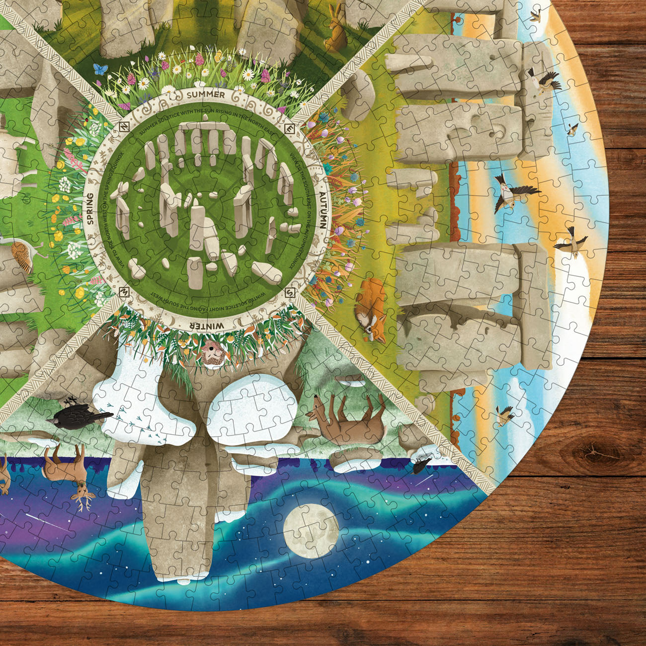 Round jigsaw puzzle with Stonehenge design on a wooden surface