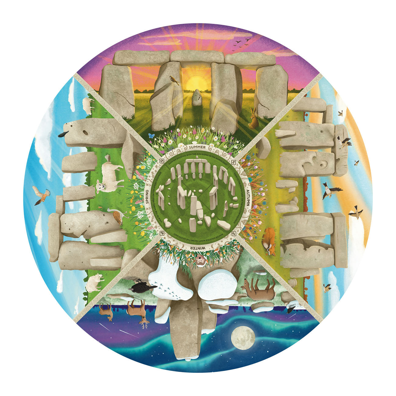 Circular design of Stonehenge with seasonal elements and animals on a colorful background
