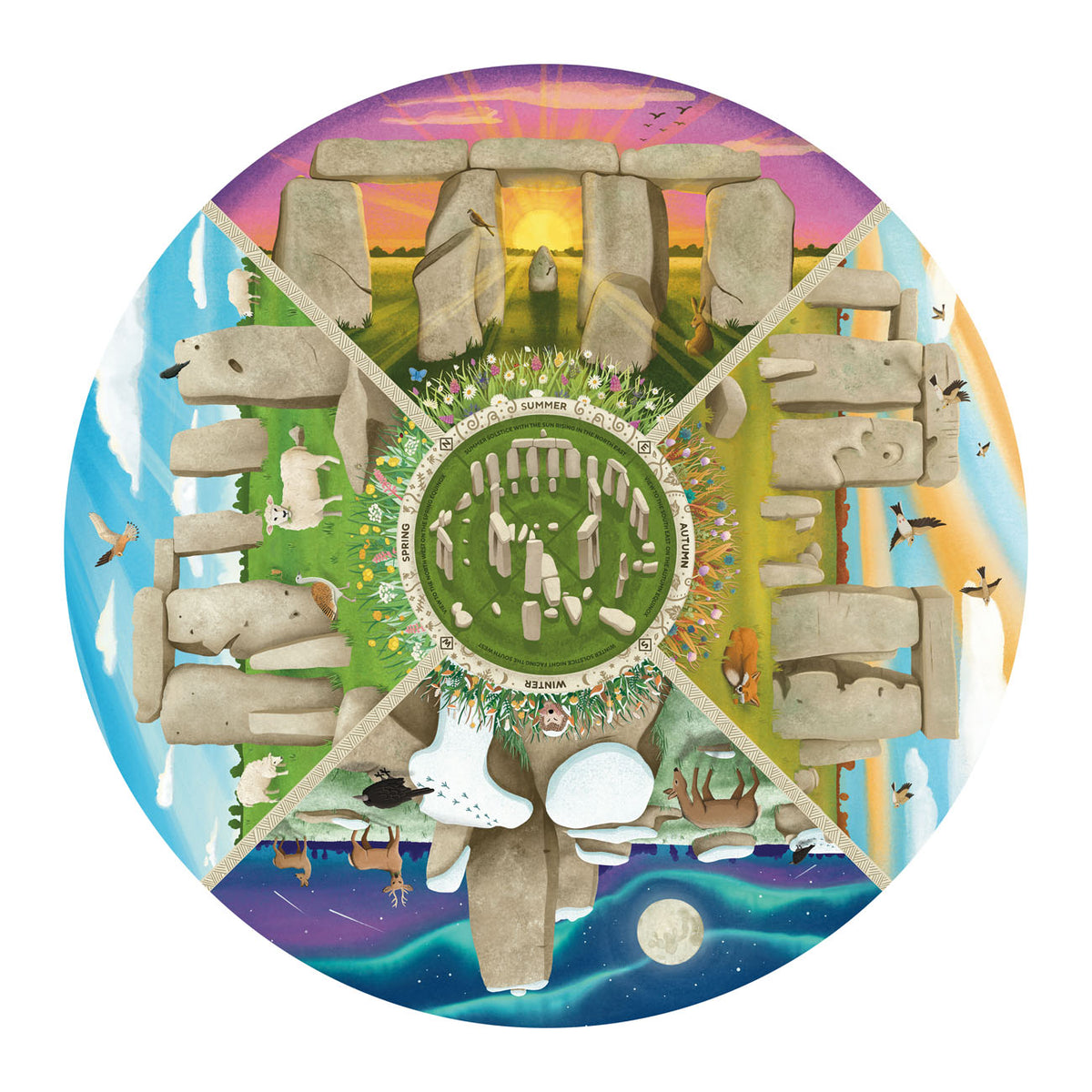 Circular design of Stonehenge with seasonal elements and animals on a colorful background
