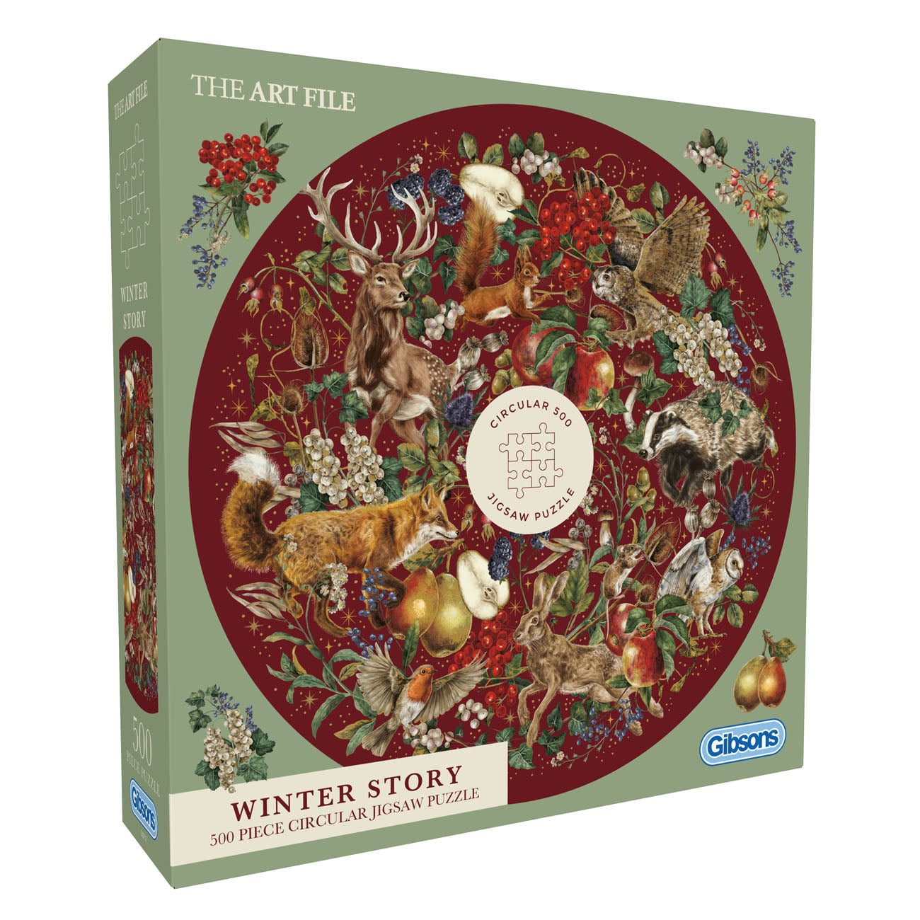 Jigsaw puzzle box with winter-themed design featuring animals and nature elements.