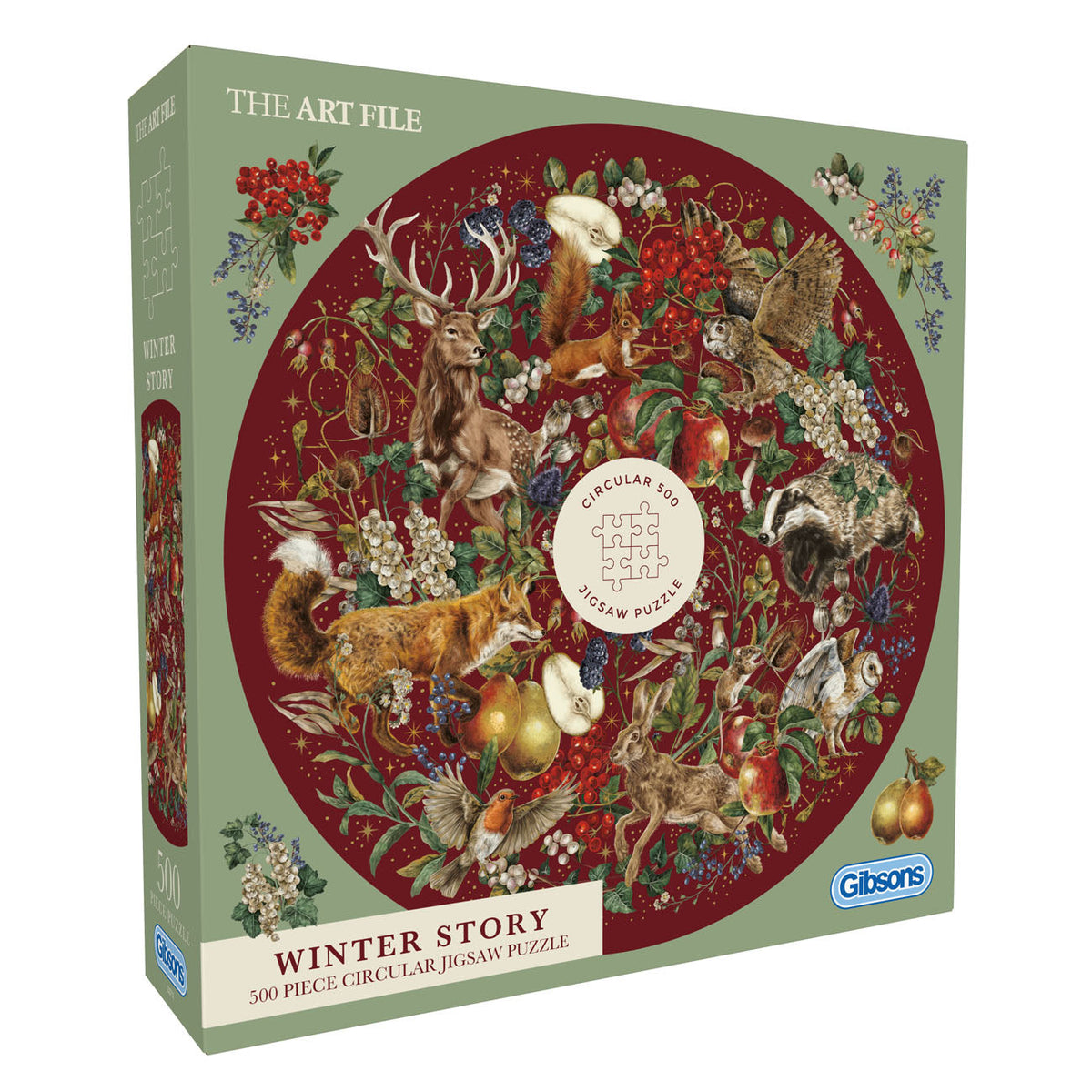 Jigsaw puzzle box with winter-themed design featuring animals and nature elements.