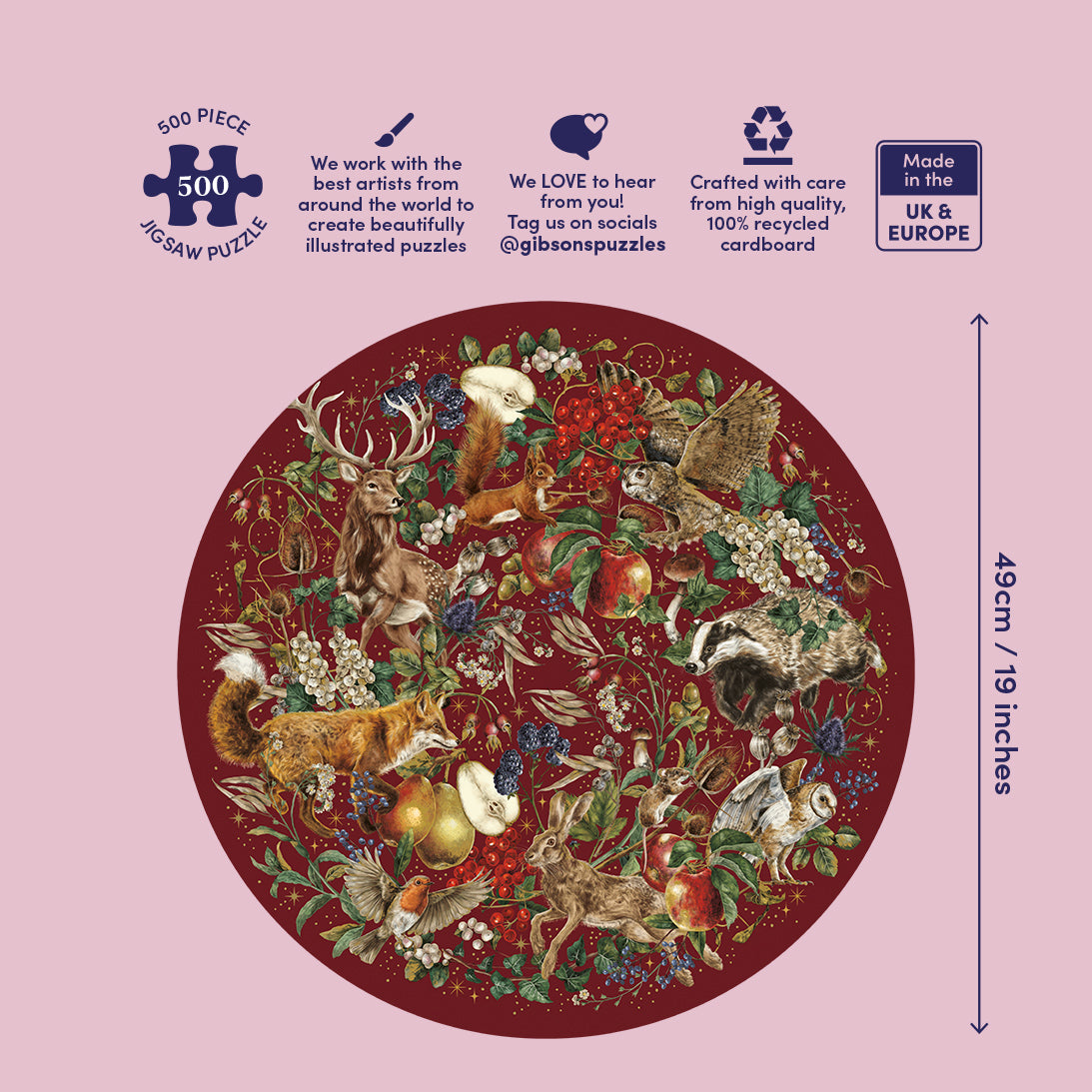 A square product graphic for a 500-piece jigsaw puzzle featuring a circular woodland illustration with deer, fox, rabbits, birds, and autumn foliage. The background is light pink with product details, including a 'Made in the UK & Europe' badge and a dimension marker indicating 49 cm / 19 inches.